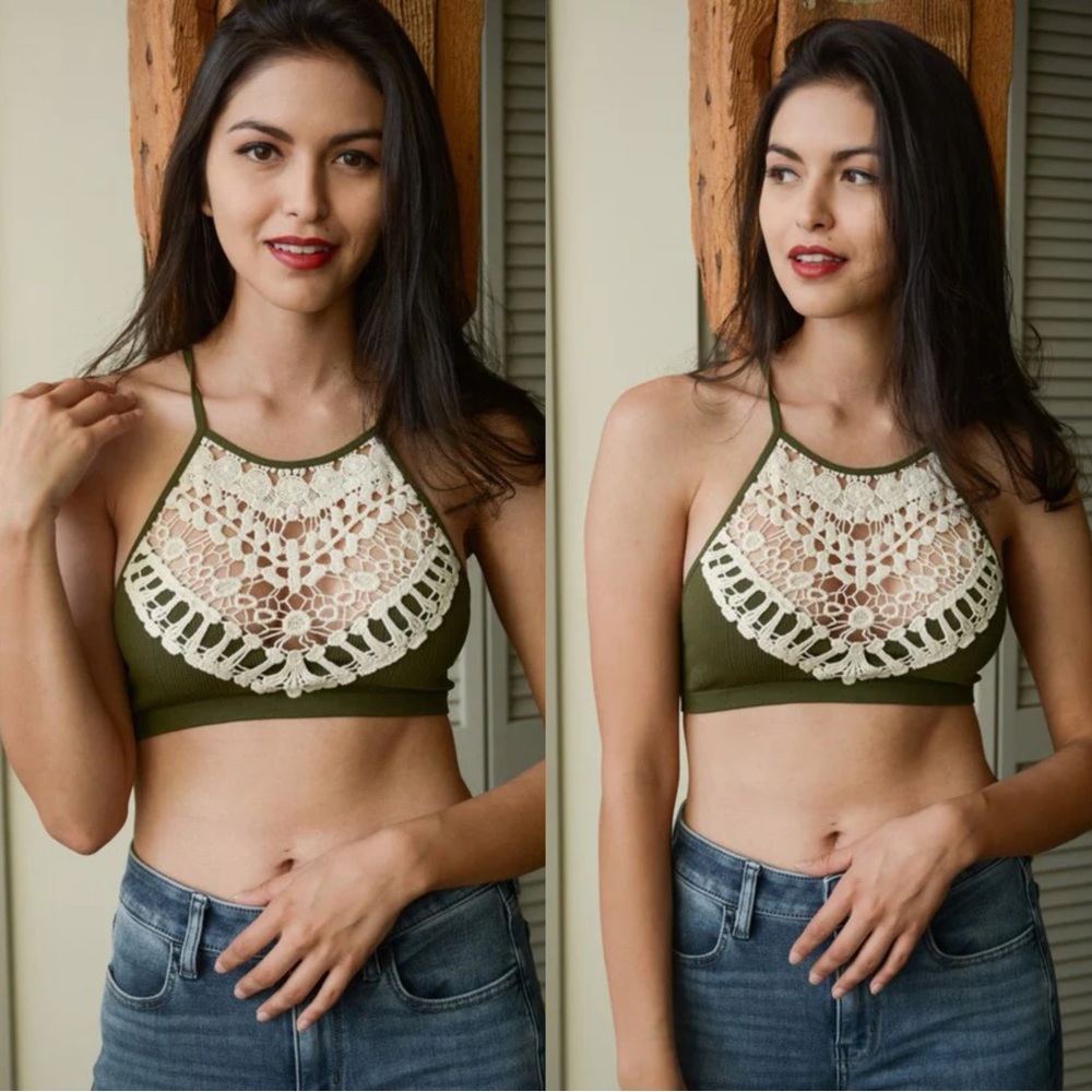 Olive Boho Crotchet High Neck Bralette
